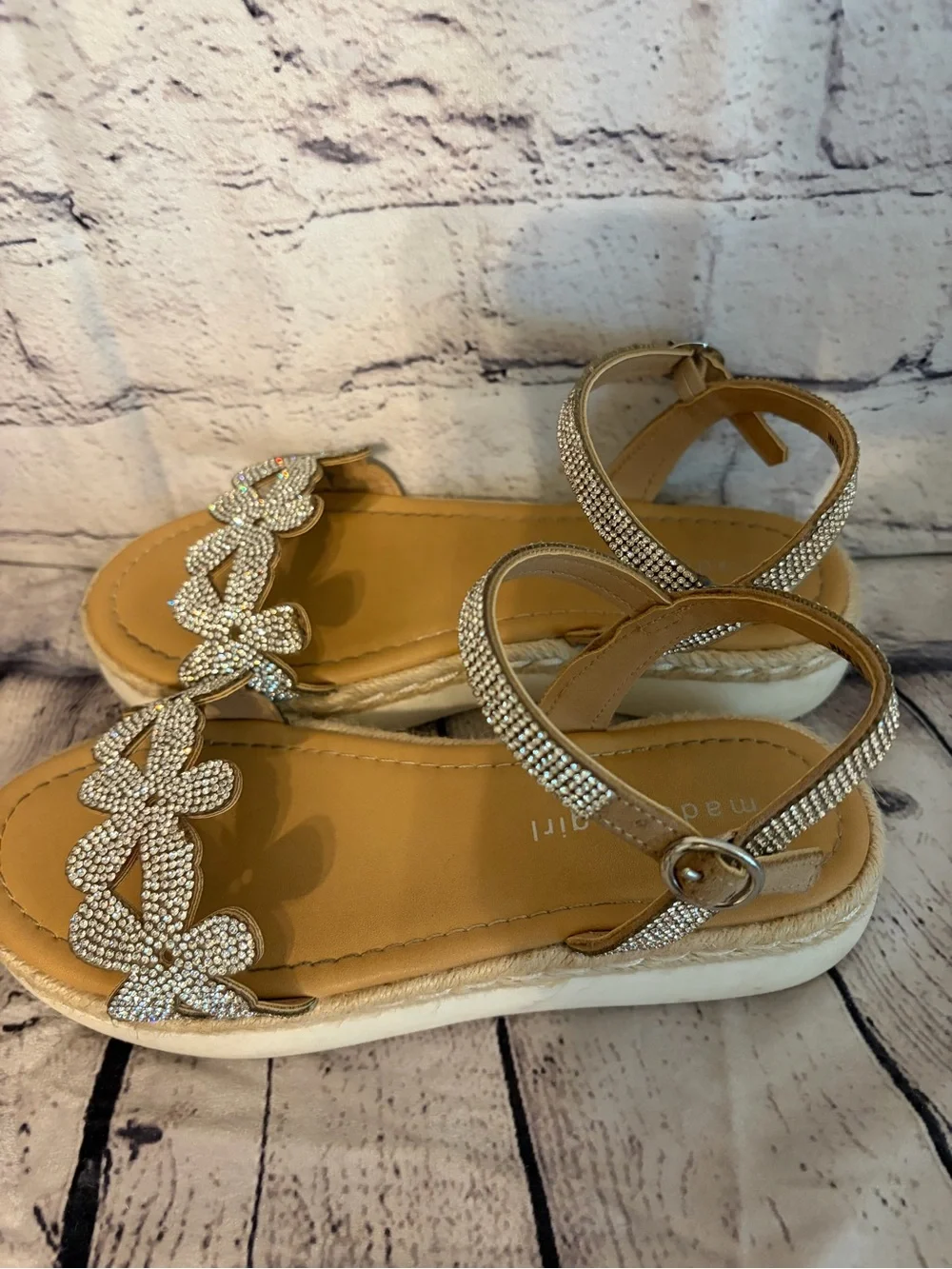 Madden brand Beige Floral Crystal Ankle-Strap Sandals - Girls 4M
